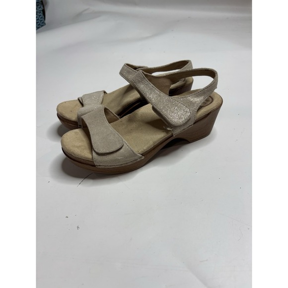 Dansko Shoes - Dansko Women's 38 US 7.5 Sonnet Sandals Platform Gold Shimmer Suede Hook Loop